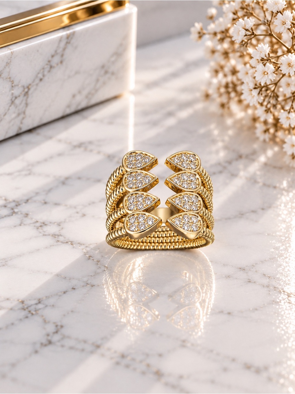 Gold Filled Adjustable Crystal Teardrop Statement Ring - Women Jewelry